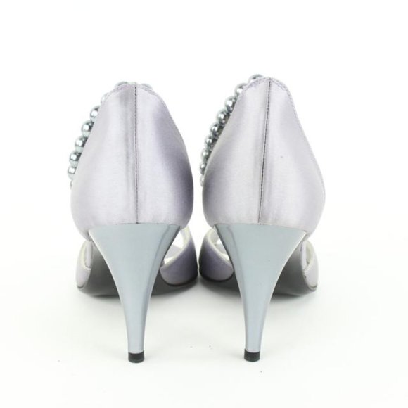 Chanel Size 36.5 Grey Satin Peep Toe Pearl Ankle Strap Pumps Size 13c48 - Picture 7 of 12